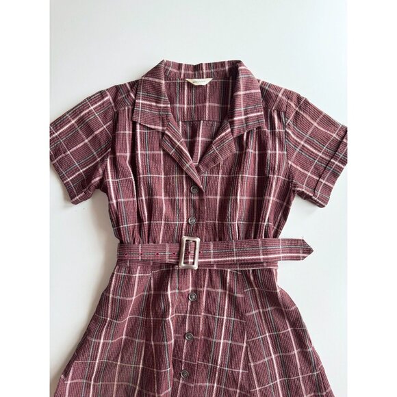 MOUSSY Dark Red Burgundy Check Cotton Seersucker Retro Midi Shirt Dress, Size M - Picture 5 of 13